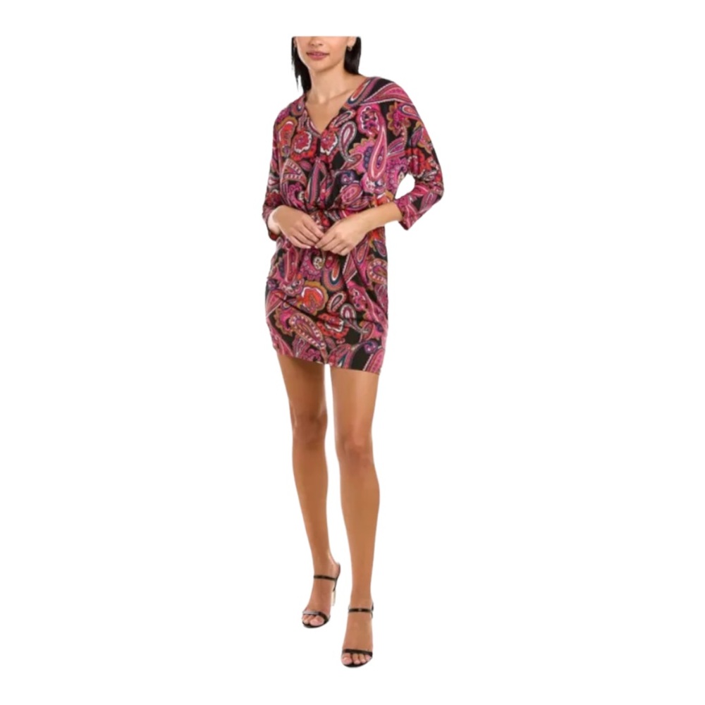 Trina Turk Birch Mini Dress S Women's 3/4 Sleeve Paisley Strech Elastic Waist - Picture 3 of 16